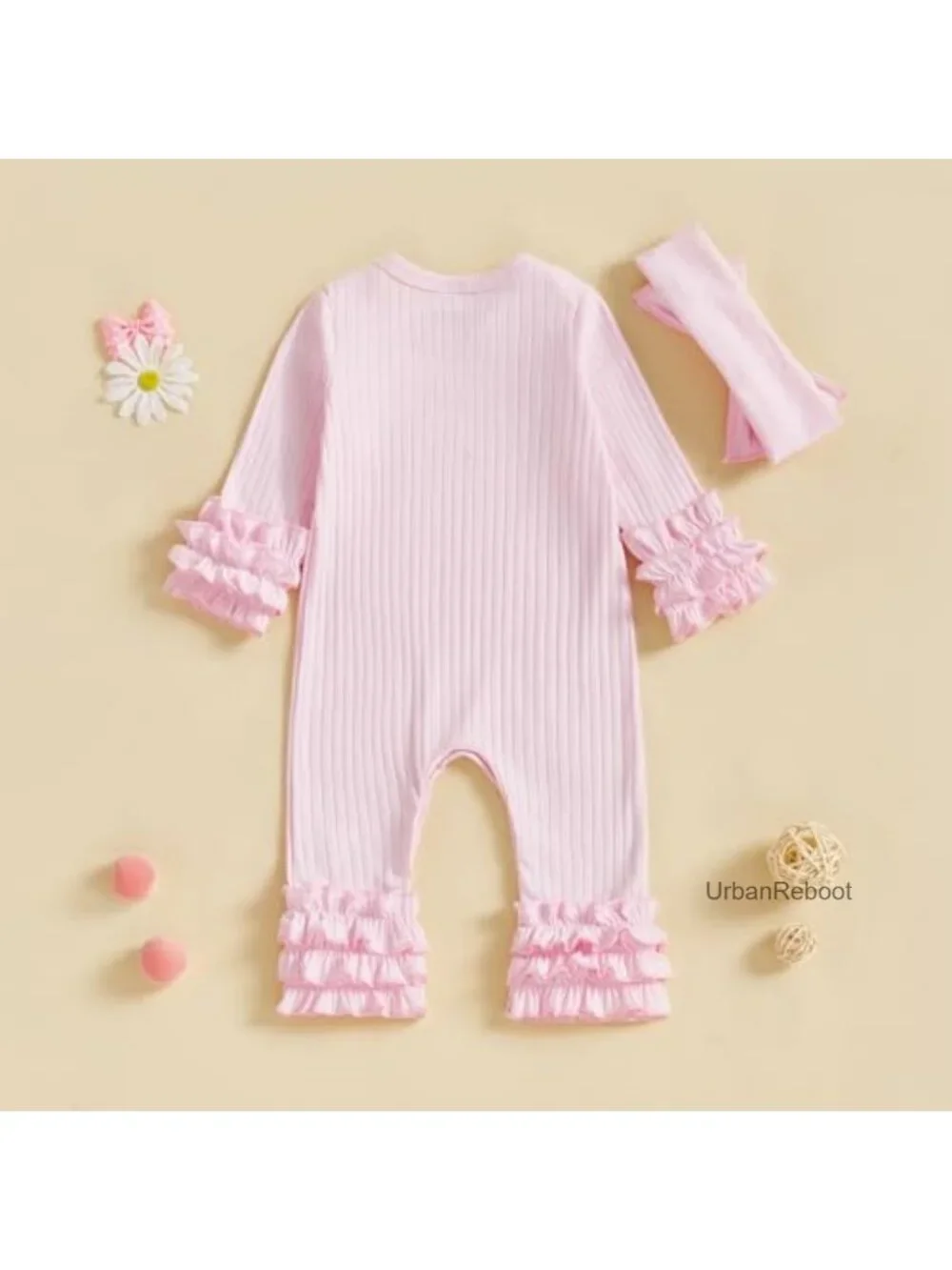 Newborn Baby Girl Romper Set with Headband Cotton Jumpsuit